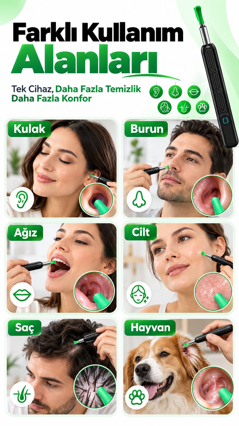 Kulak, burun, ağız, cilt, saç derisi ve evcil hayvan kullanımı