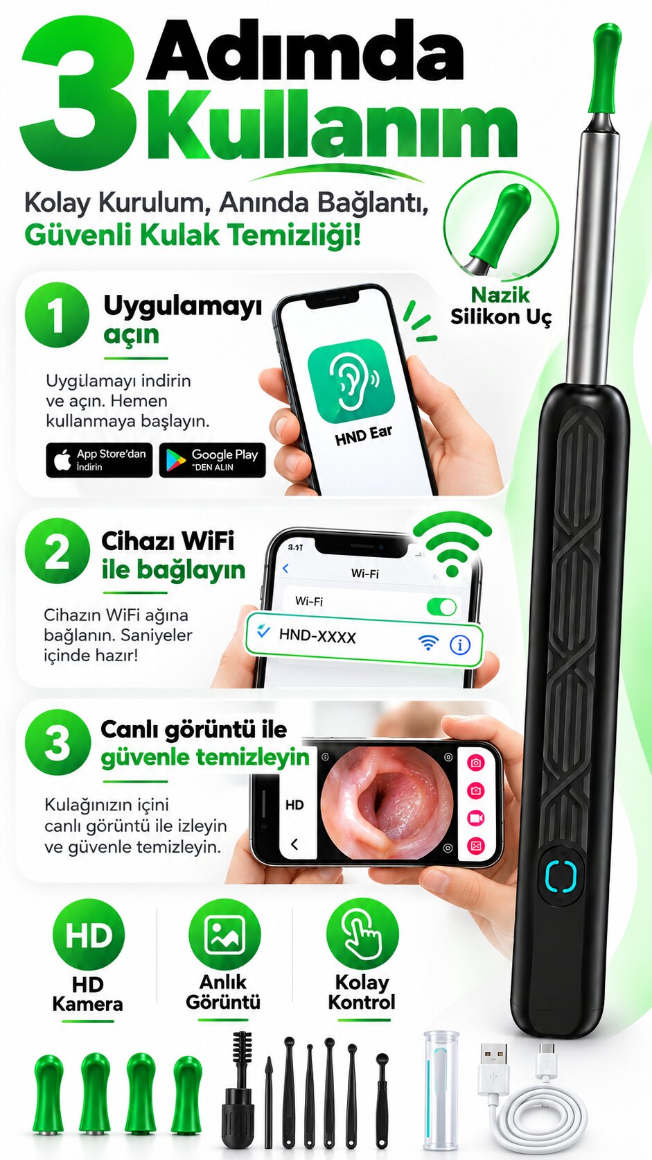 Uygulamayı aç, WiFi ile bağlan, canlı görüntüyle temizle
