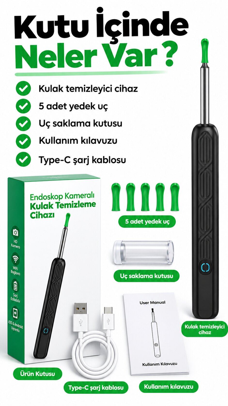 Kutu içeriği: cihaz, yedek uçlar, saklama kutusu, kılavuz ve kablo